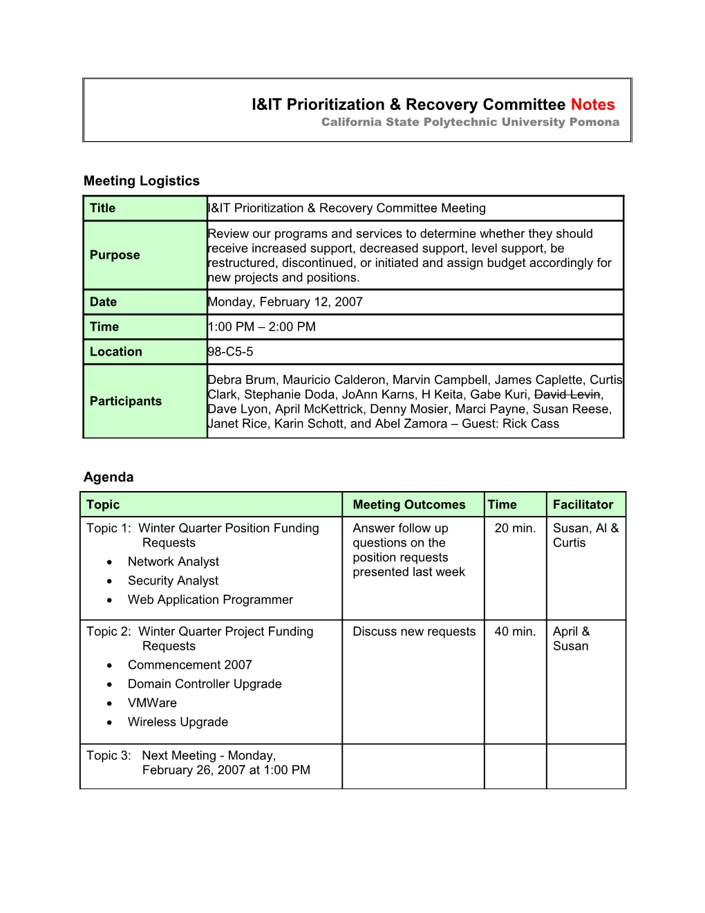 I&IT Managers Meeting Agenda s1