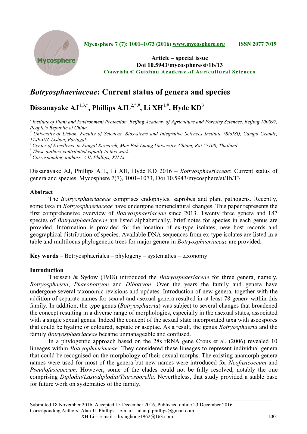 Botryosphaeriaceae: Current Status of Genera and Species