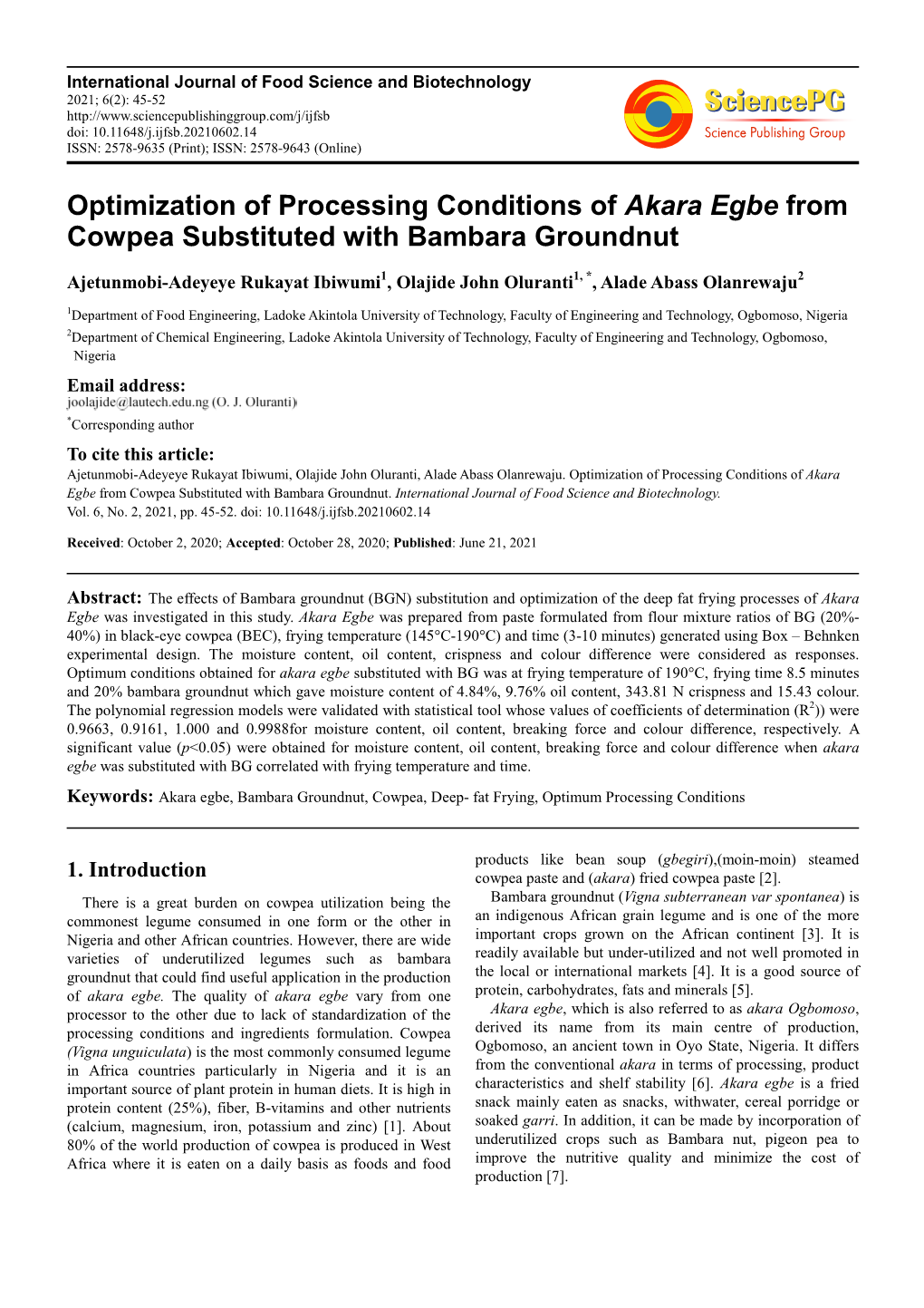Optimization of Processing Conditions of Akara Egbe from Cowpea Substituted with Bambara Groundnut