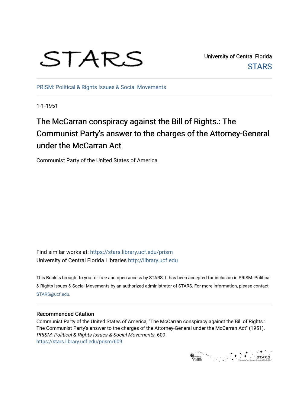 The Mccarran Conspiracy Against the Bill of Rights.: the Communist Party's Answer to the Charges of the Attorney-General Under the Mccarran Act