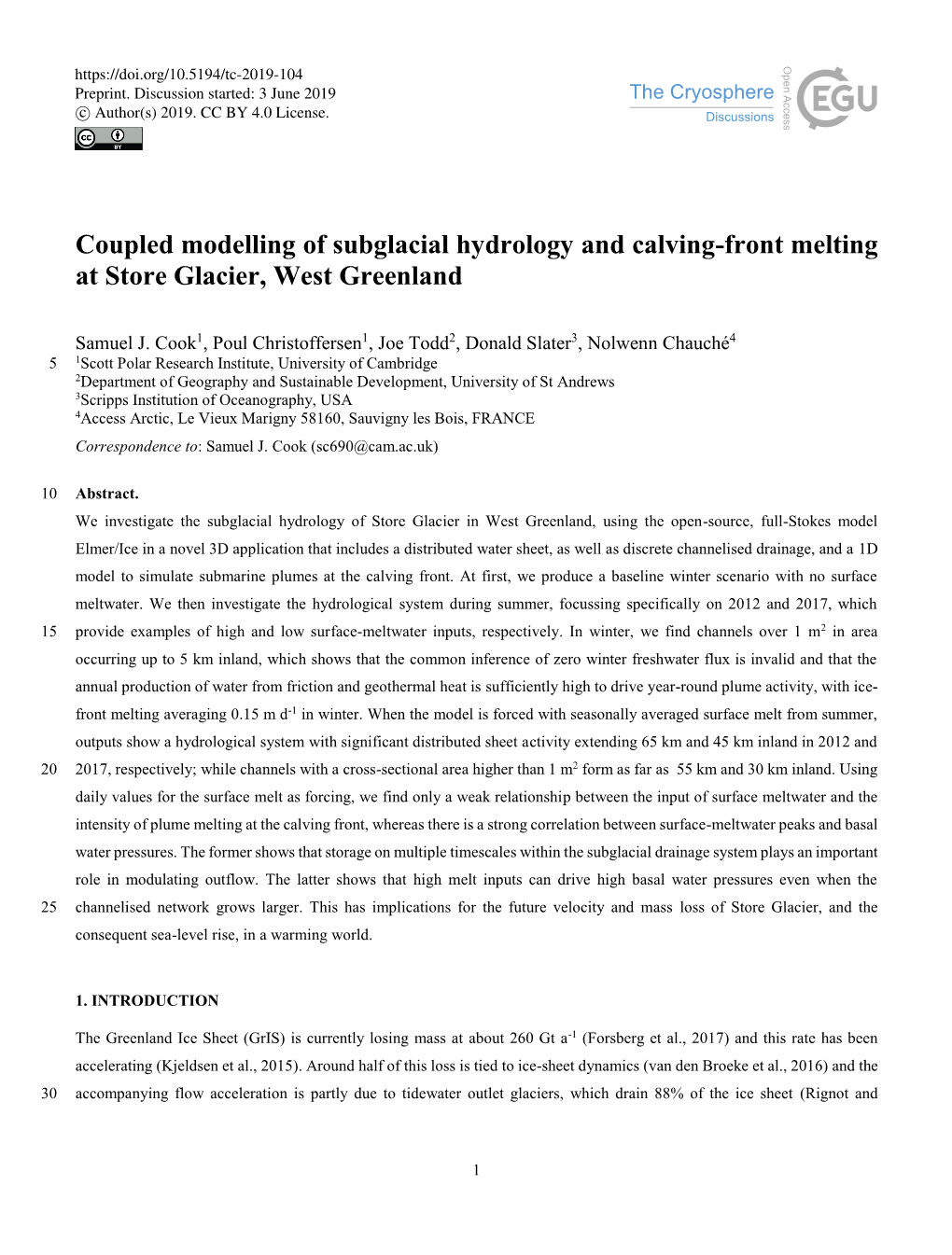 Coupled Modelling of Subglacial Hydrology and Calving-Front Melting at Store Glacier, West Greenland