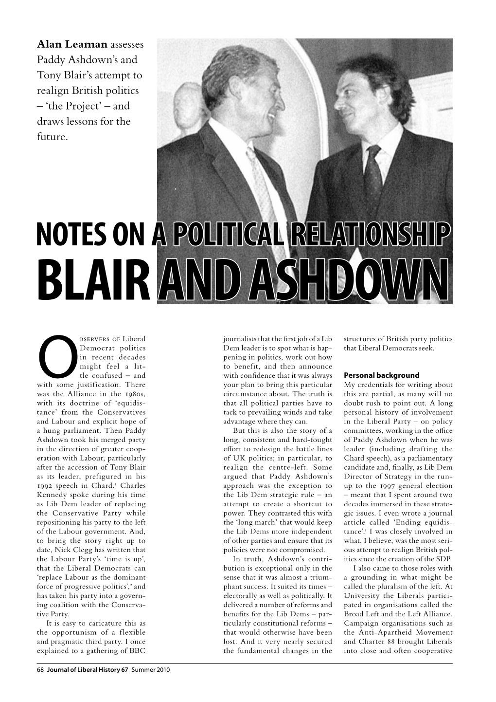 Notes on a Political Relationship Blair and Ashdown