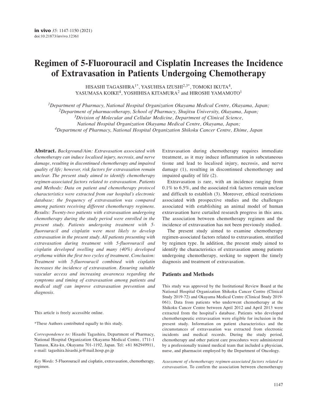 Regimen of 5-Fluorouracil and Cisplatin Increases the Incidence of Extravasation in Patients Undergoing Chemotherapy