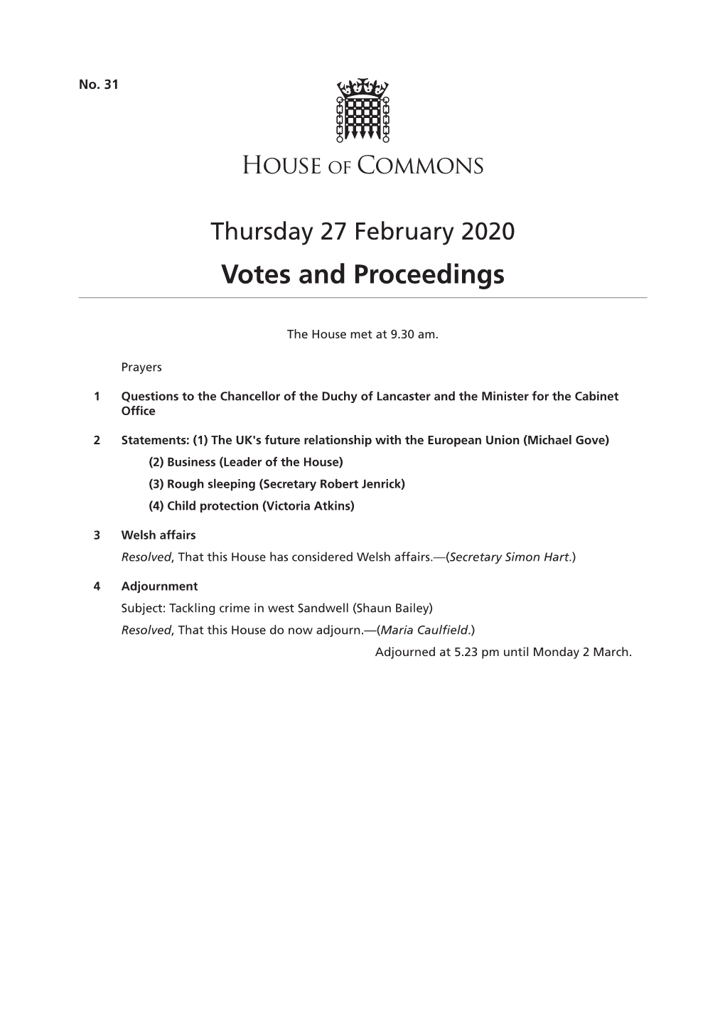 Votes and Proceedings for 27 Feb 2020