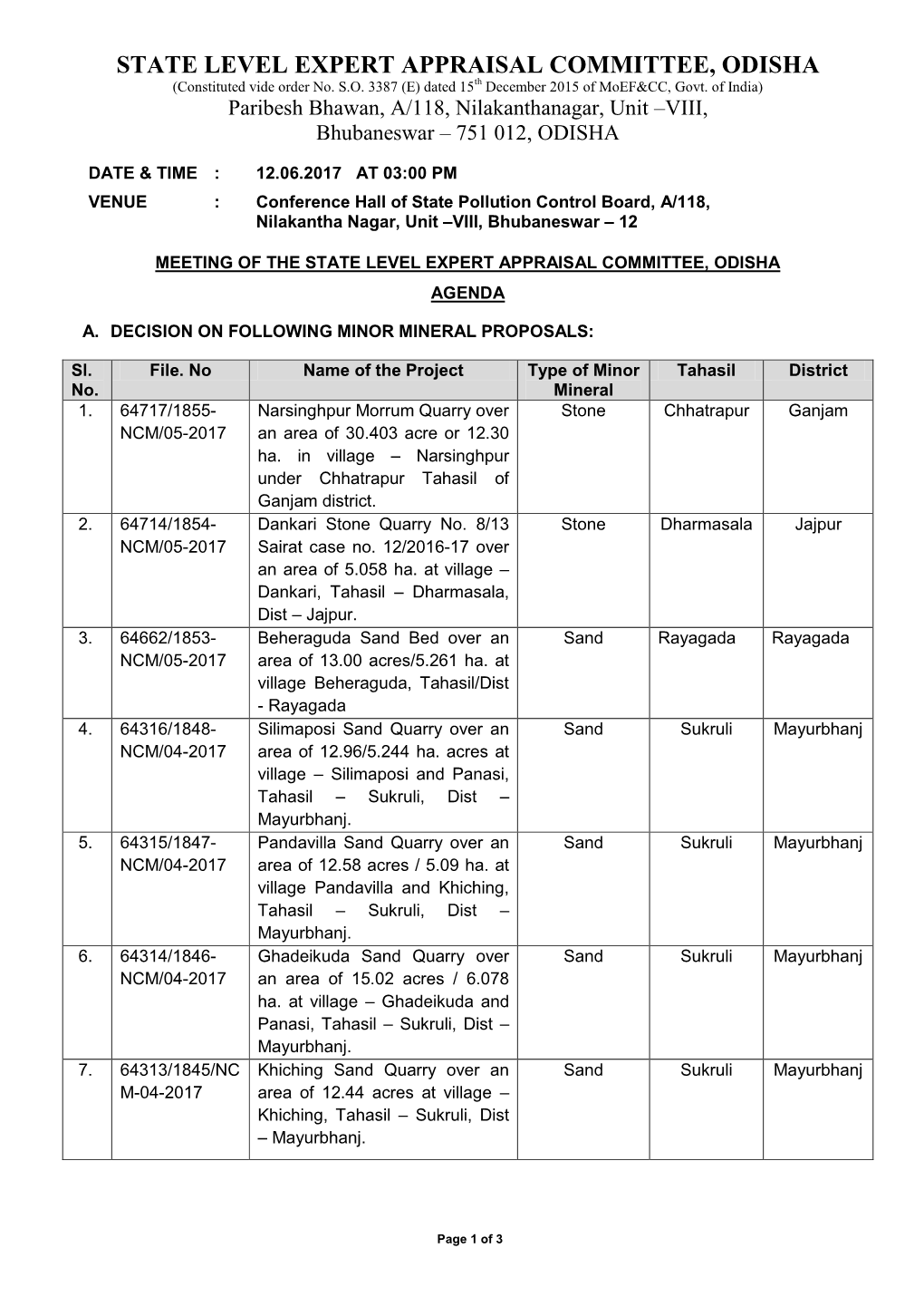 STATE LEVEL EXPERT APPRAISAL COMMITTEE, ODISHA (Constituted Vide Order No