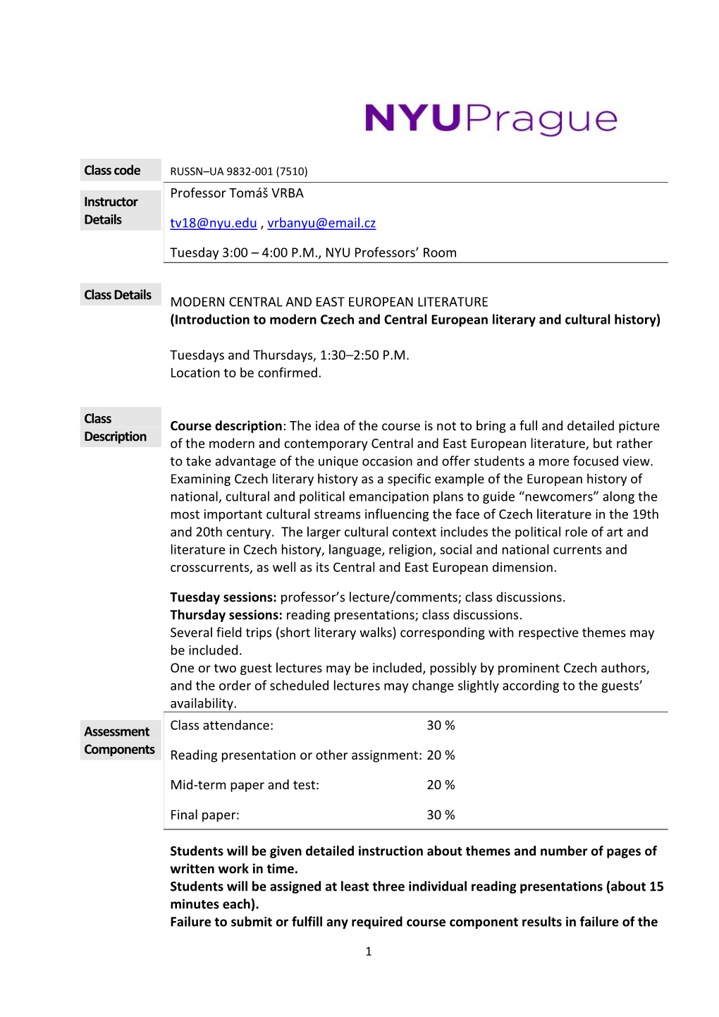 Class Code Instructor Details Professor Tomáš VRBA Tv18@Nyu.Edu , Vrbanyu@Email.Cz Tuesday 3:00 – 4:00 P.M., NYU Professors