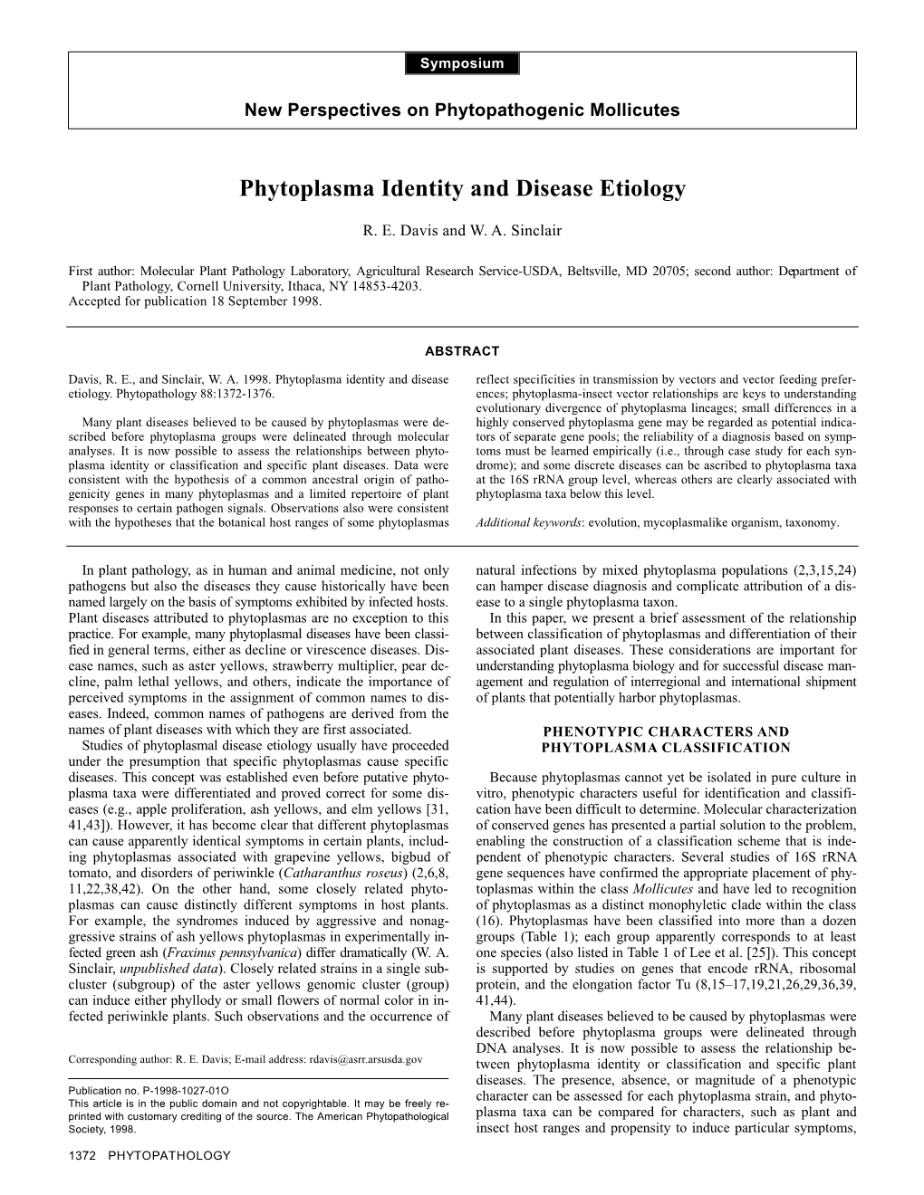 Phytoplasma Identity and Disease Etiology