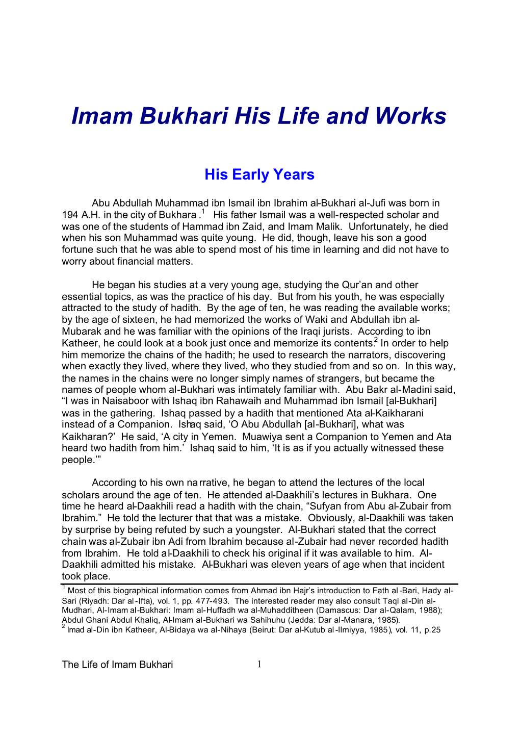Imam Bukhari His Life and Works