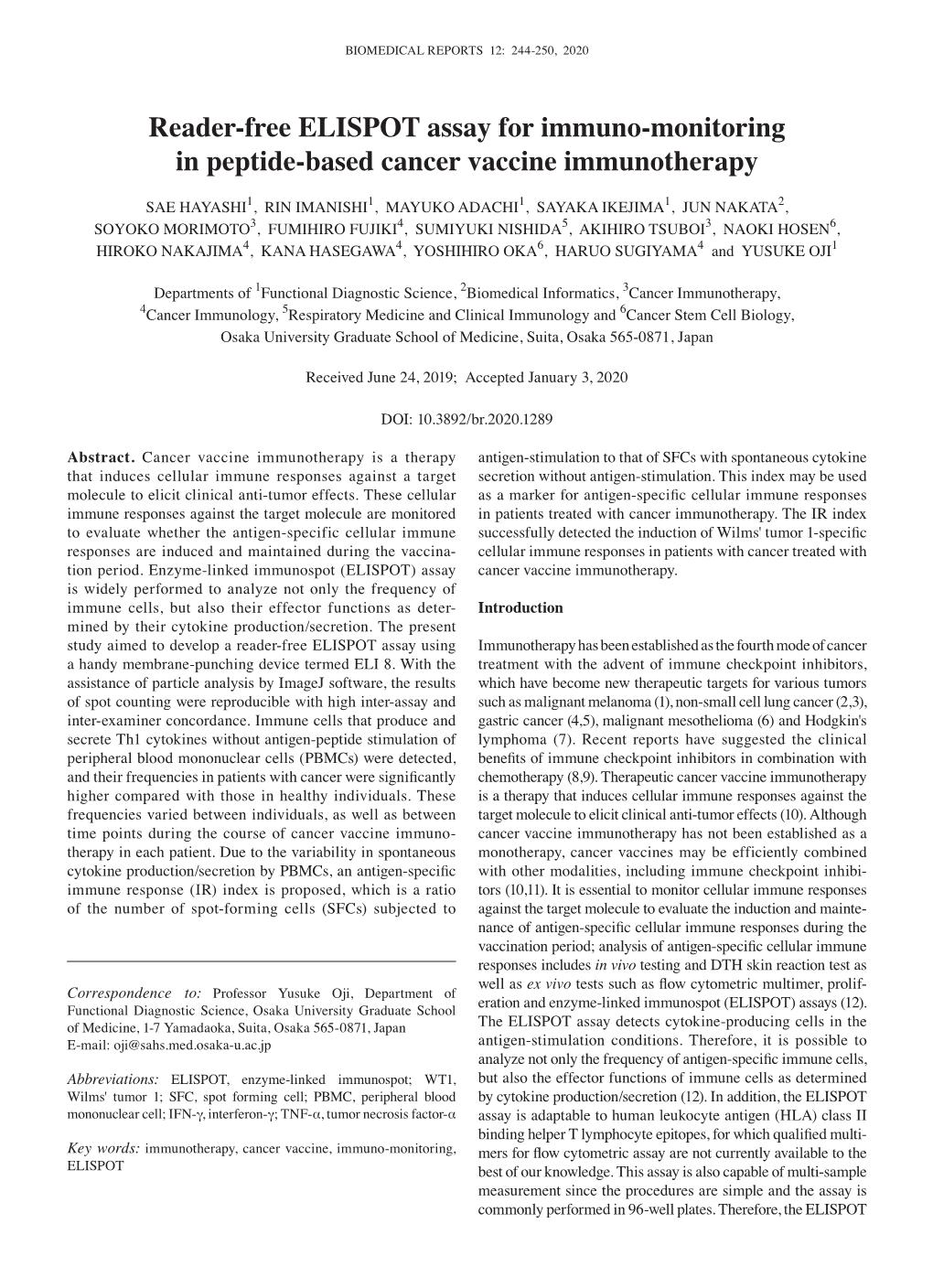 Reader‑Free ELISPOT Assay for Immuno‑Monitoring in Peptide‑Based Cancer Vaccine Immunotherapy