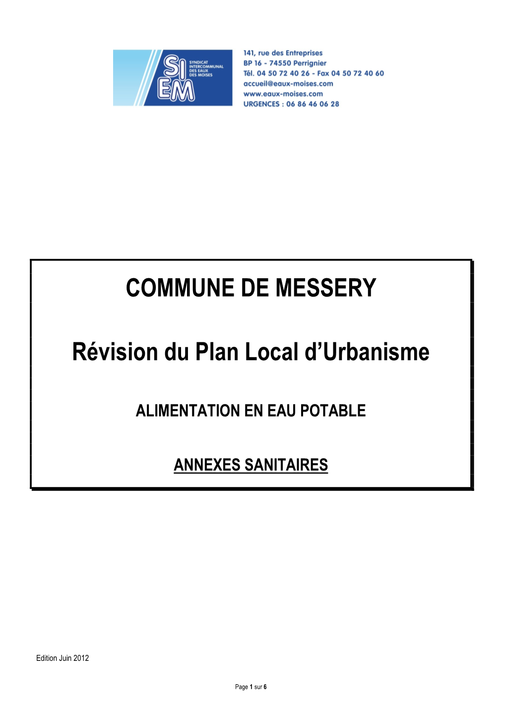 COMMUNE DE MESSERY Révision Du Plan Local D'urbanisme