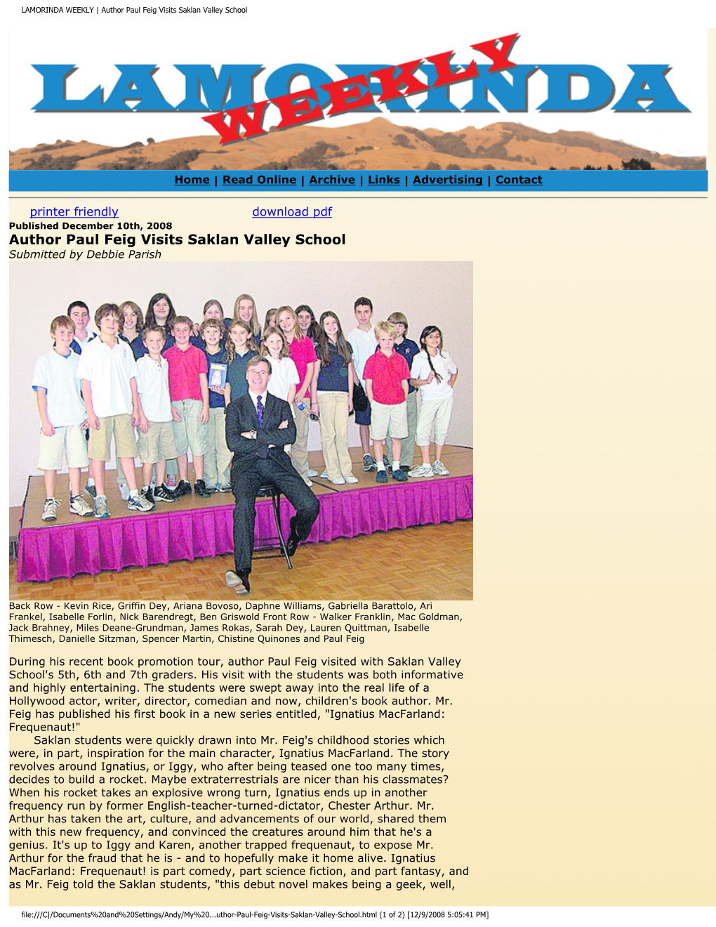 Author Paul Feig Visits Saklan Valley School