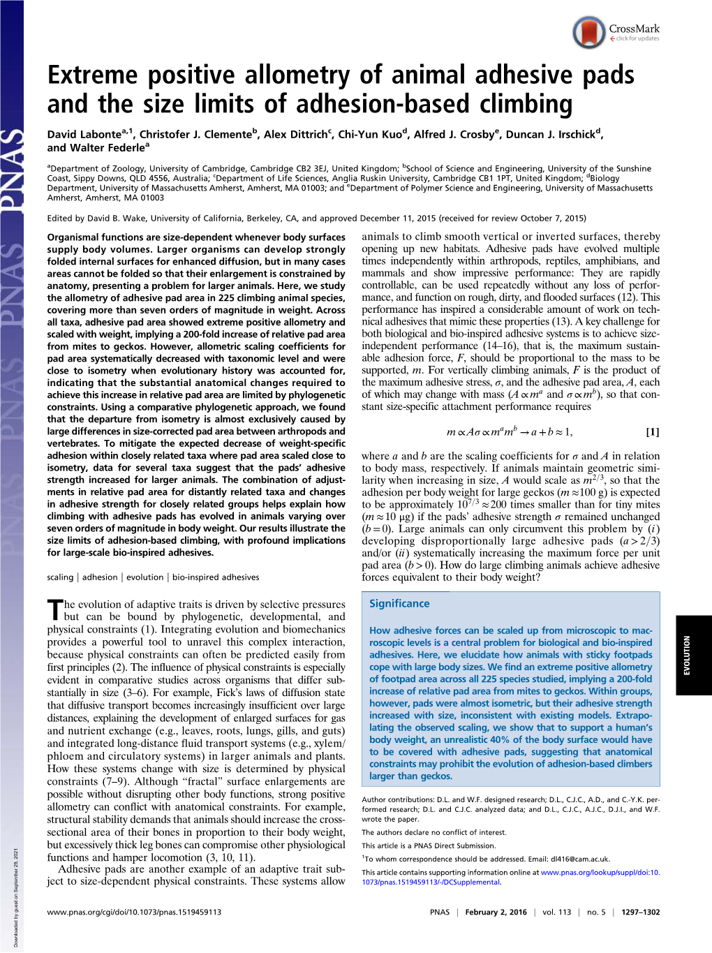 Extreme Positive Allometry of Animal Adhesive Pads and the Size Limits of Adhesion-Based Climbing