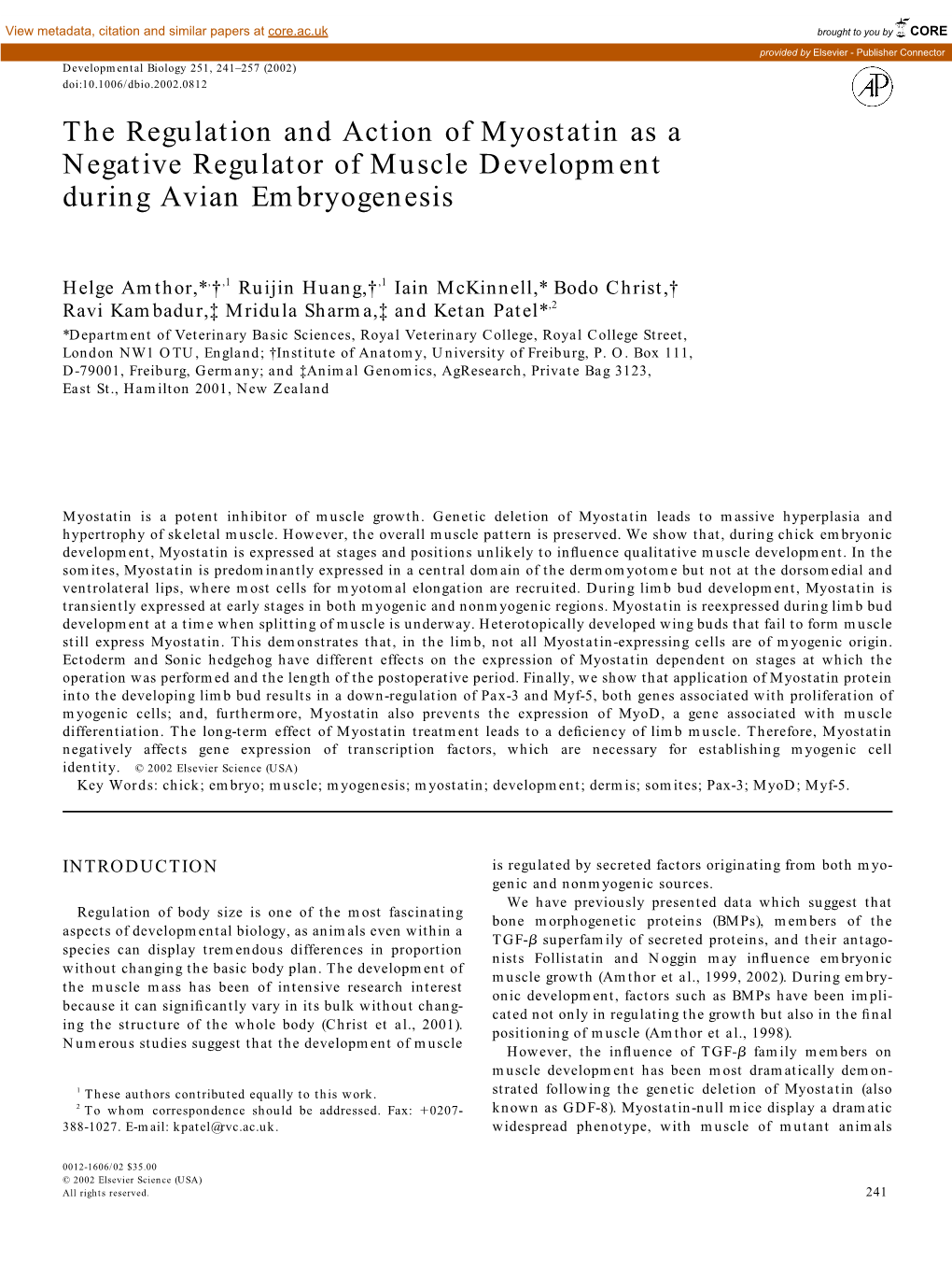 The Regulation and Action of Myostatin As a Negative Regulator of Muscle Development During Avian Embryogenesis