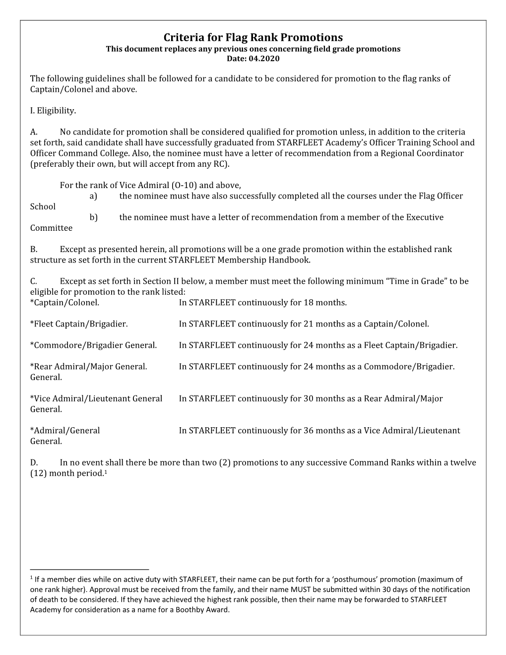 Criteria for Flag Rank Promotions This Document Replaces Any Previous Ones Concerning Field Grade Promotions Date: 04.2020