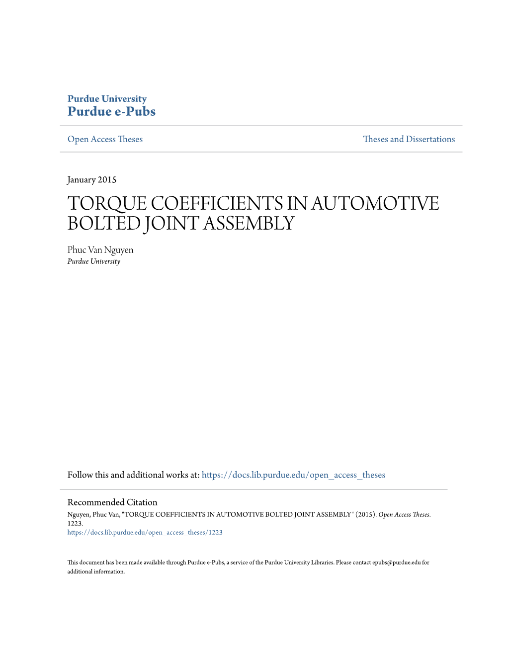 TORQUE COEFFICIENTS in AUTOMOTIVE BOLTED JOINT ASSEMBLY Phuc Van Nguyen Purdue University