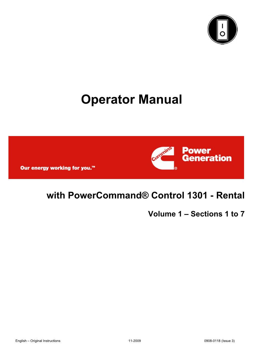 908-0118 Cummins Power Command Control 1301 Rental Manual