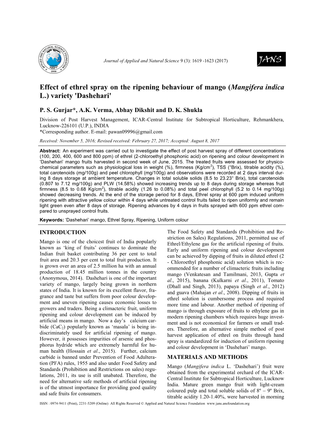 Effect of Ethrel Spray on the Ripening Behaviour of Mango (Mangifera Indica L.) Variety 'Dashehari'