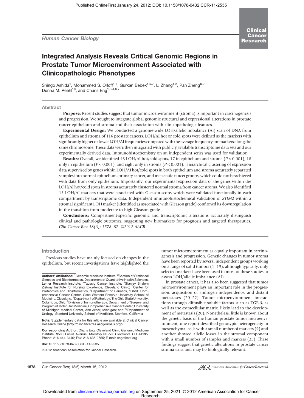 Integrated Analysis Reveals Critical Genomic Regions in Prostate Tumor Microenvironment Associated with Clinicopathologic Phenotypes