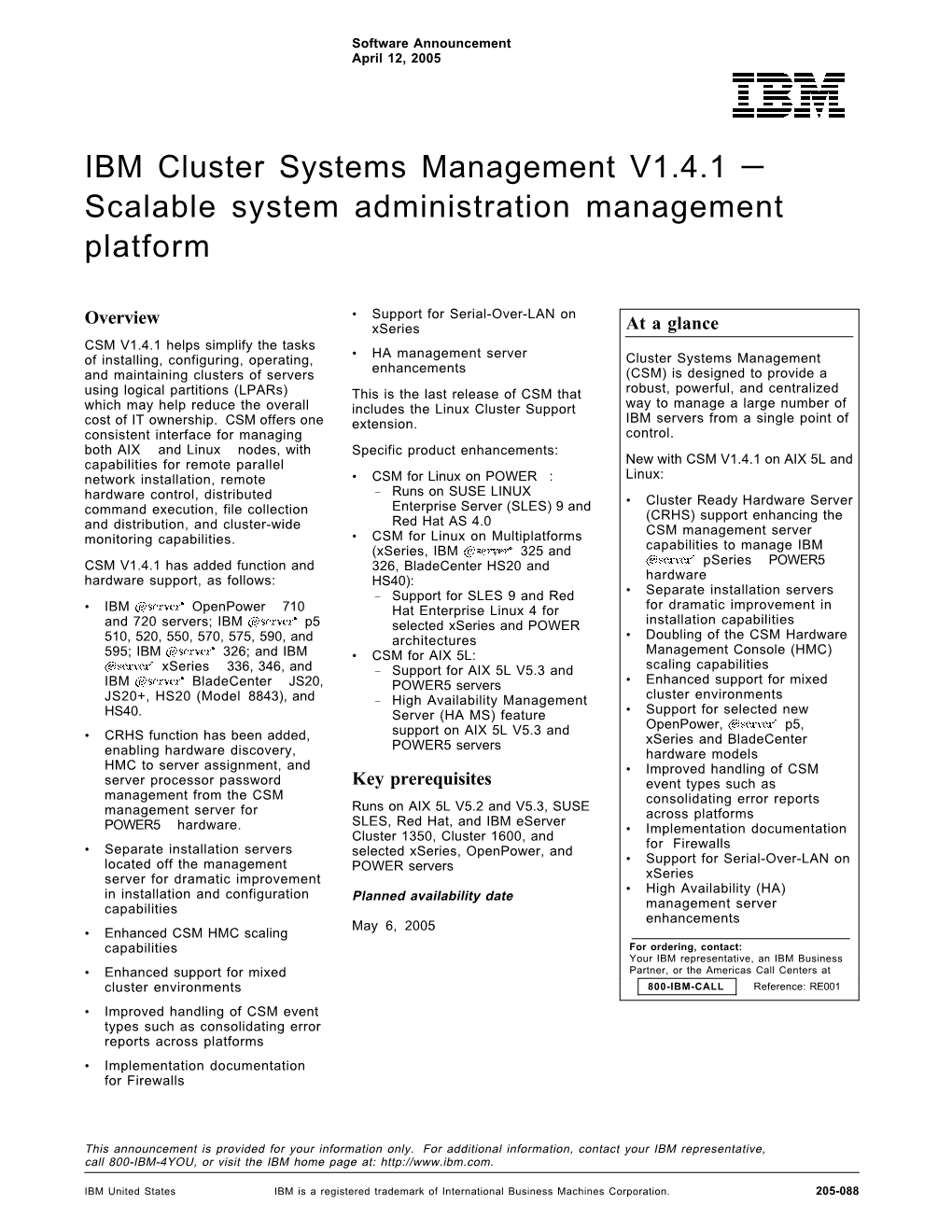 IBM Cluster Systems Management V1.4.1 — Scalable System Administration Management Platform