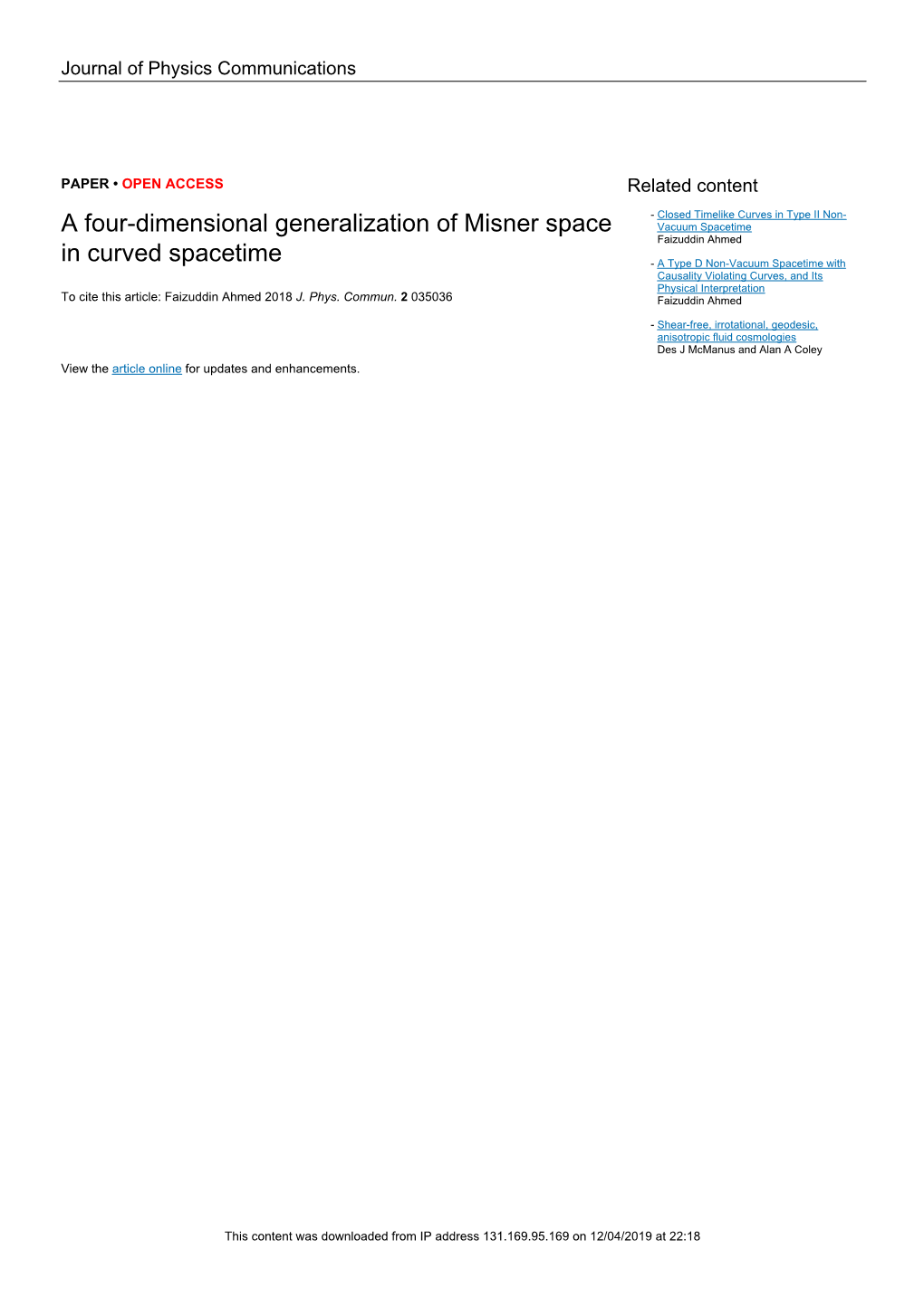 A Four-Dimensional Generalization of Misner Space in Curved Spacetime