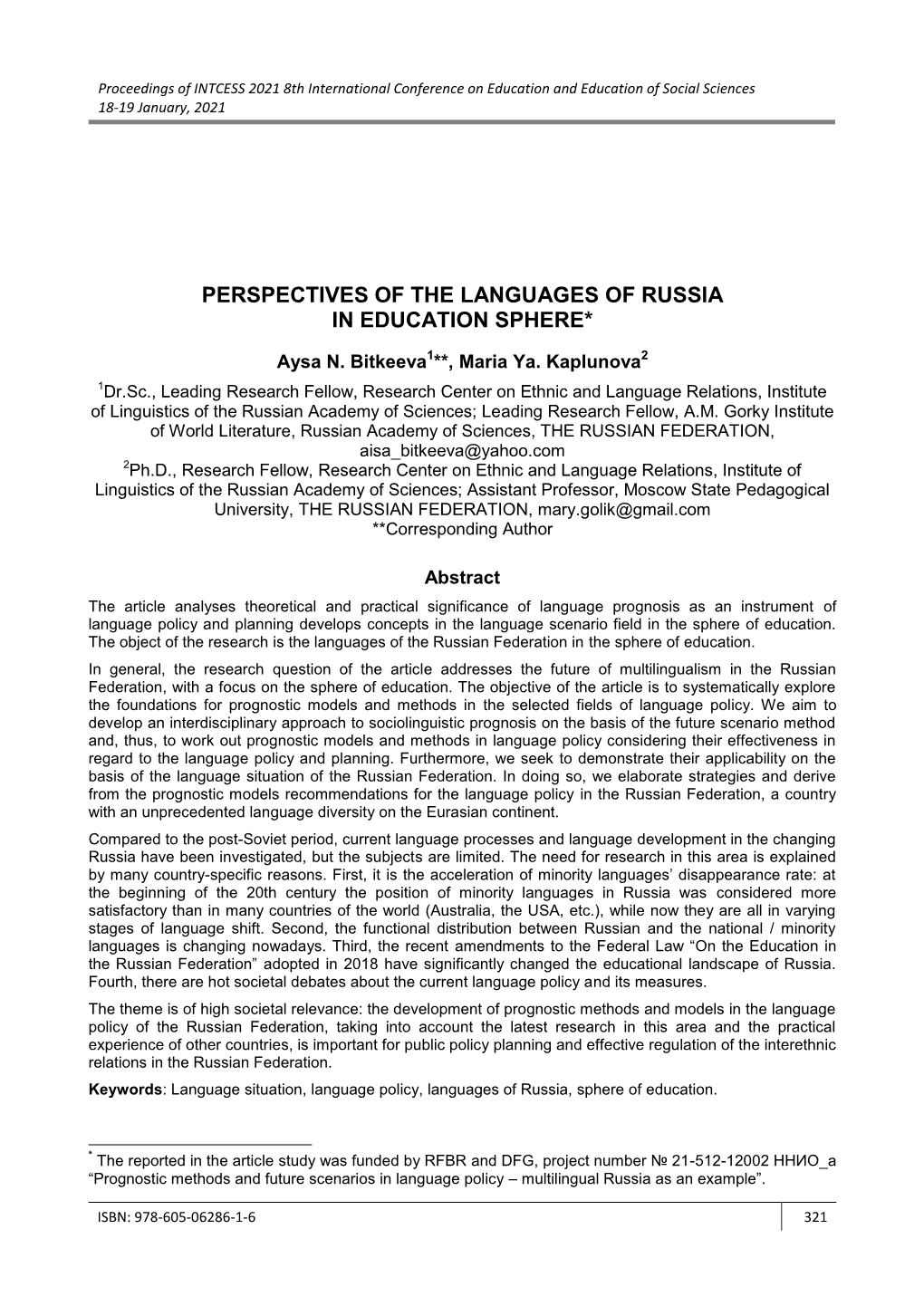 Perspectives of the Languages of Russia in Education Sphere*