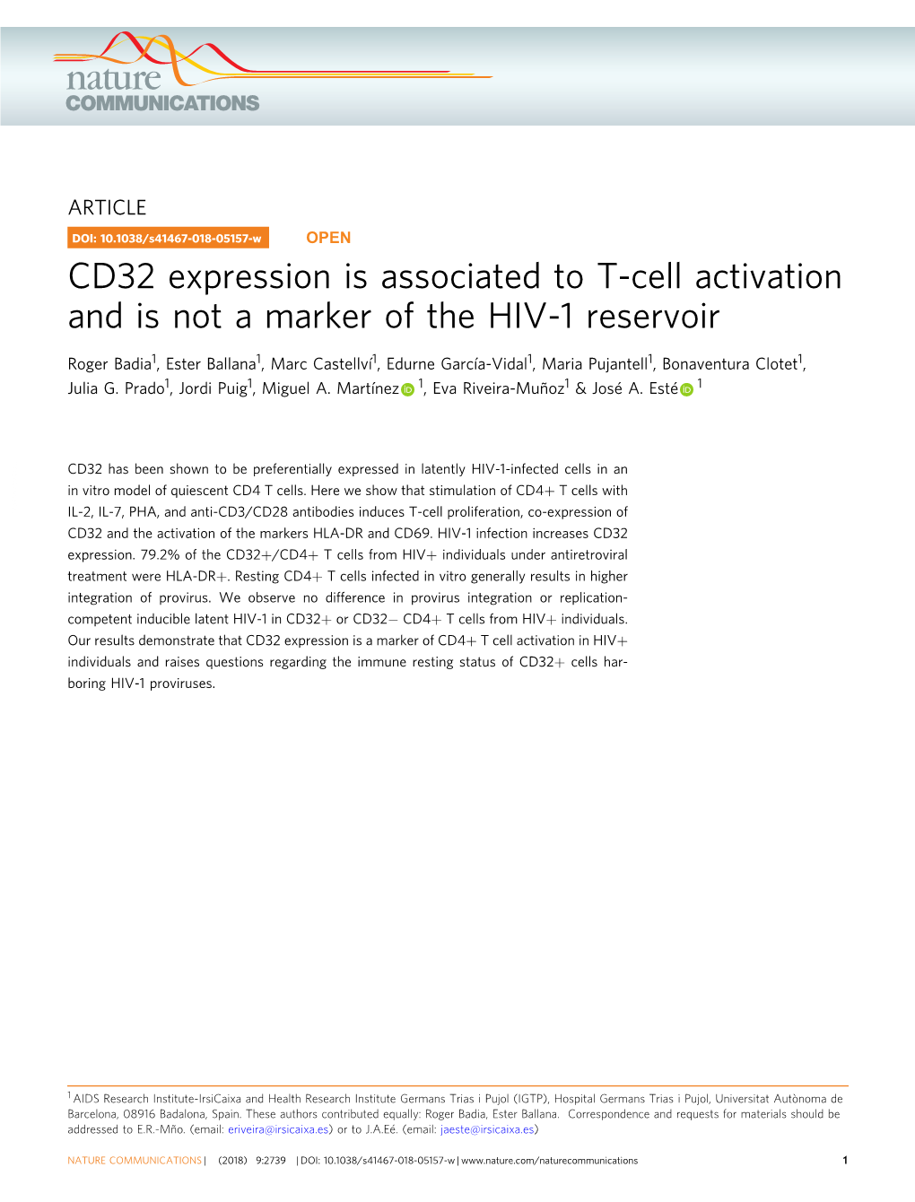 CD32 Expression Is Associated to T-Cell Activation and Is Not a Marker of the HIV-1 Reservoir