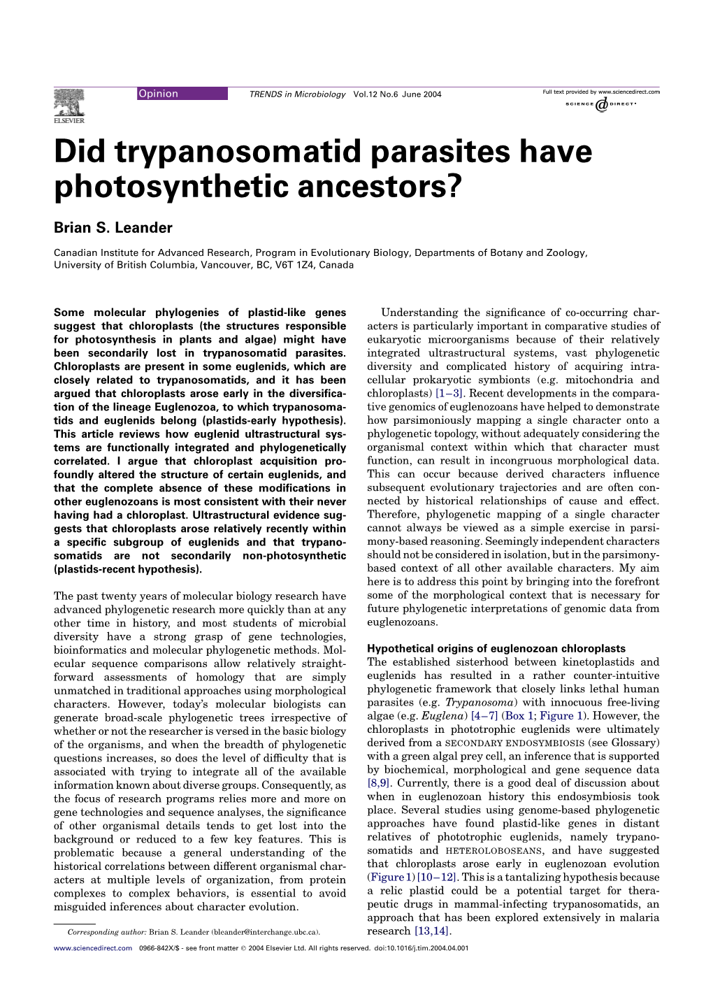 Did Trypanosomatid Parasites Have Photosynthetic Ancestors?
