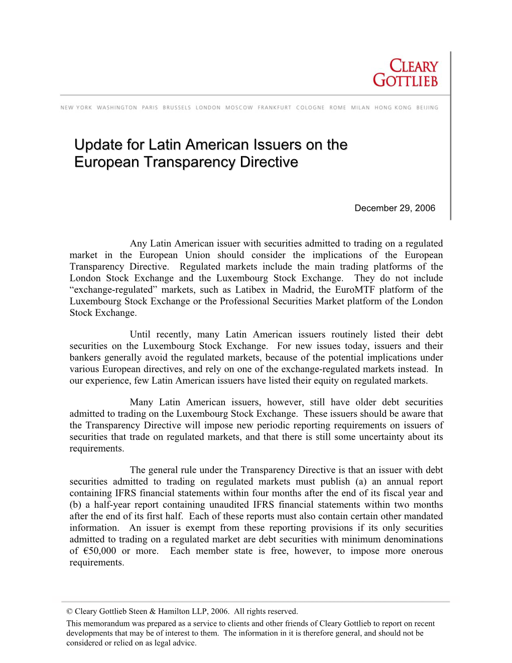 Update for Latin American Issuers on the European Transparency Directive