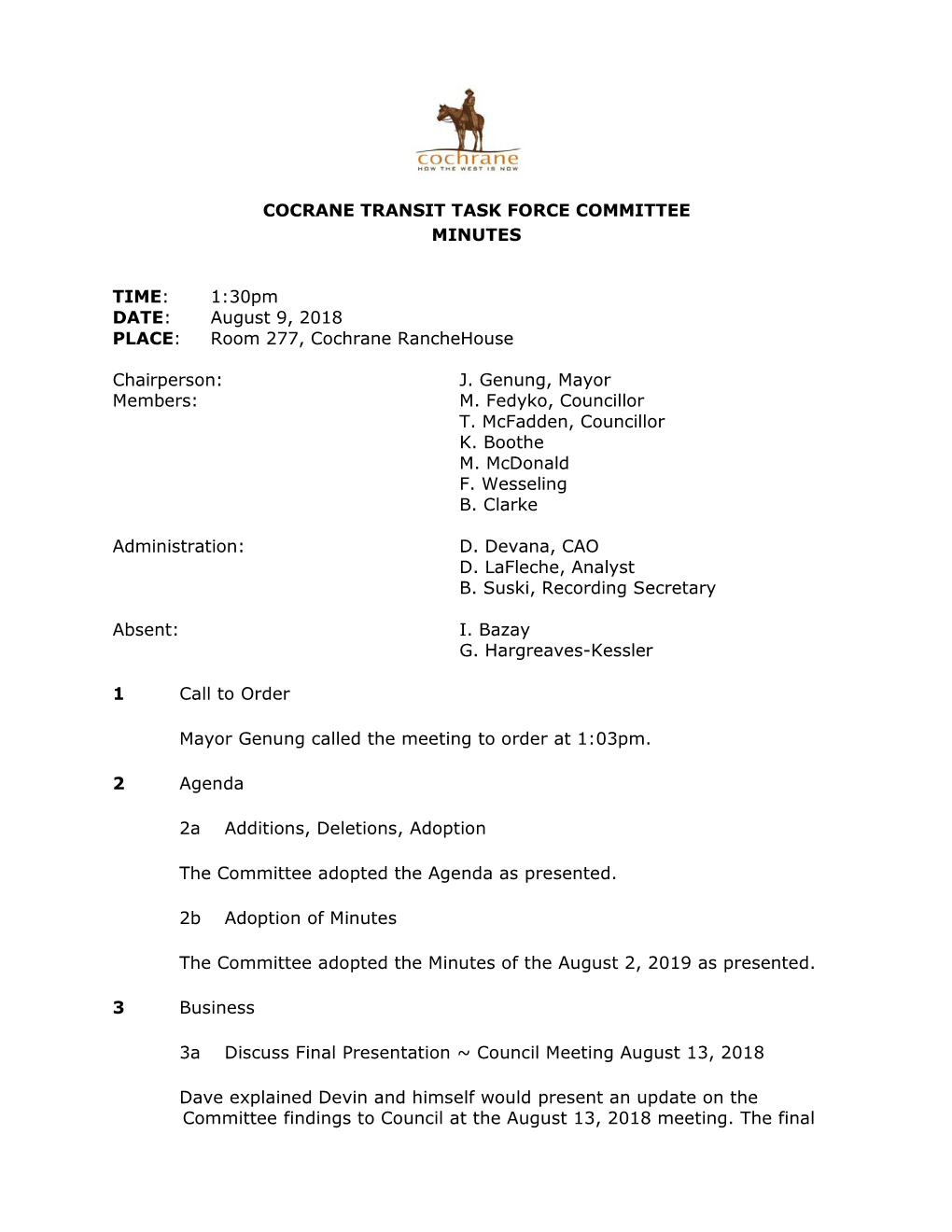 Cocrane Transit Task Force Committee Minutes