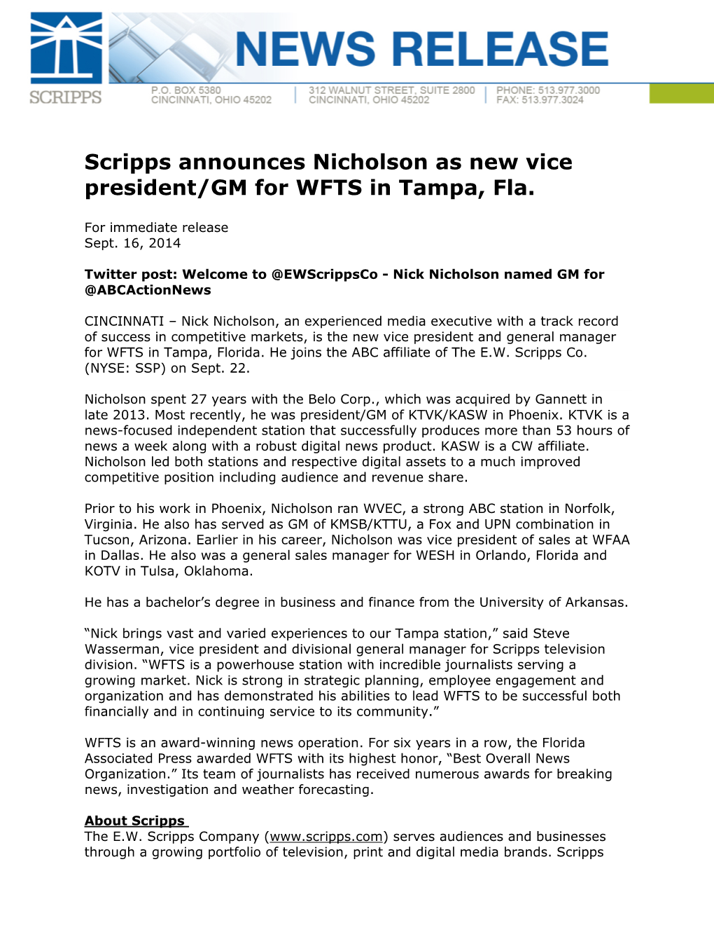 Scripps Announces Nicholson As New Vice President/GM for WFTS in Tampa, Fla