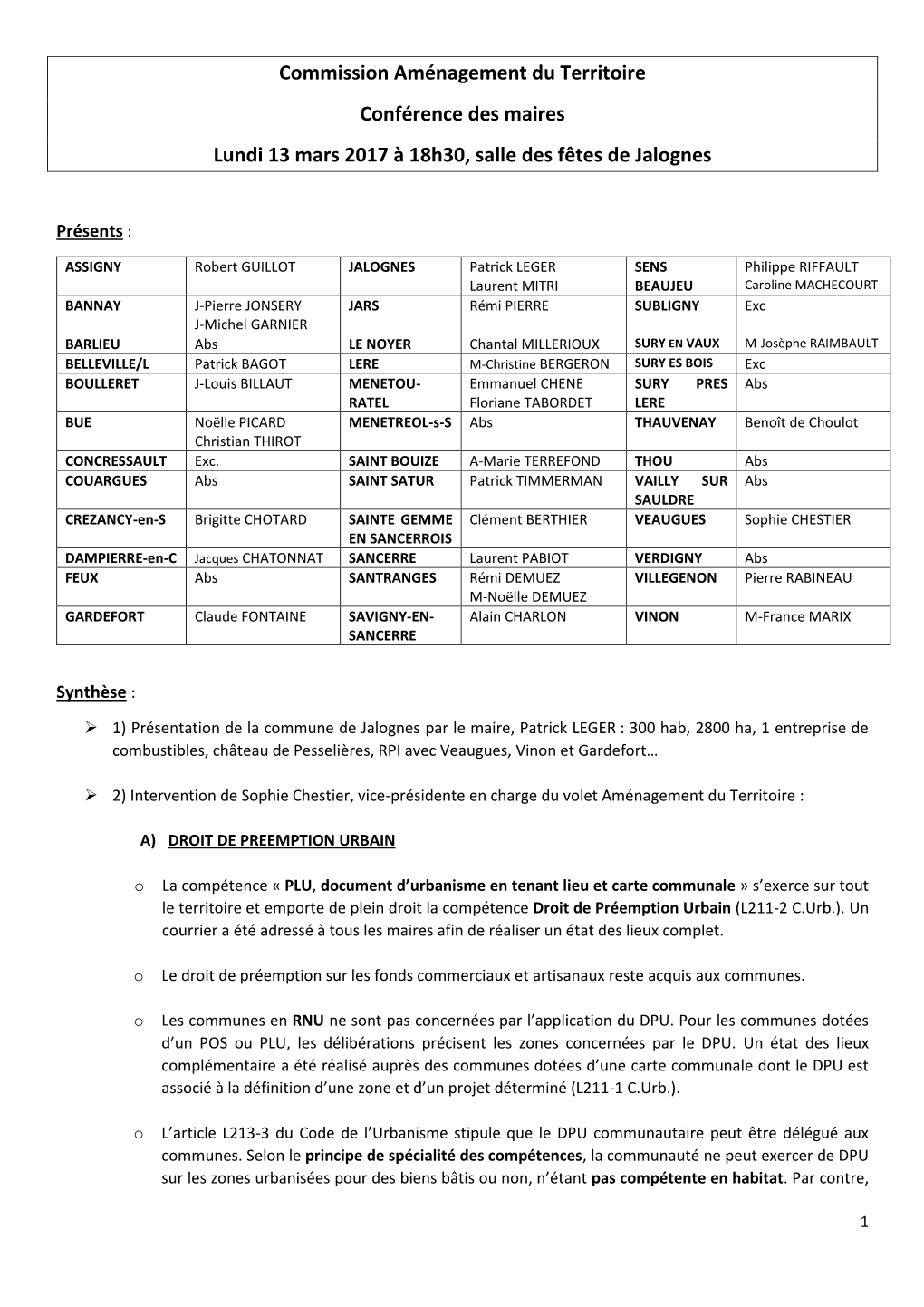 Commission Aménagement Du Territoire Conférence Des Maires Lundi 13 Mars 2017 À 18H30, Salle Des Fêtes De Jalognes