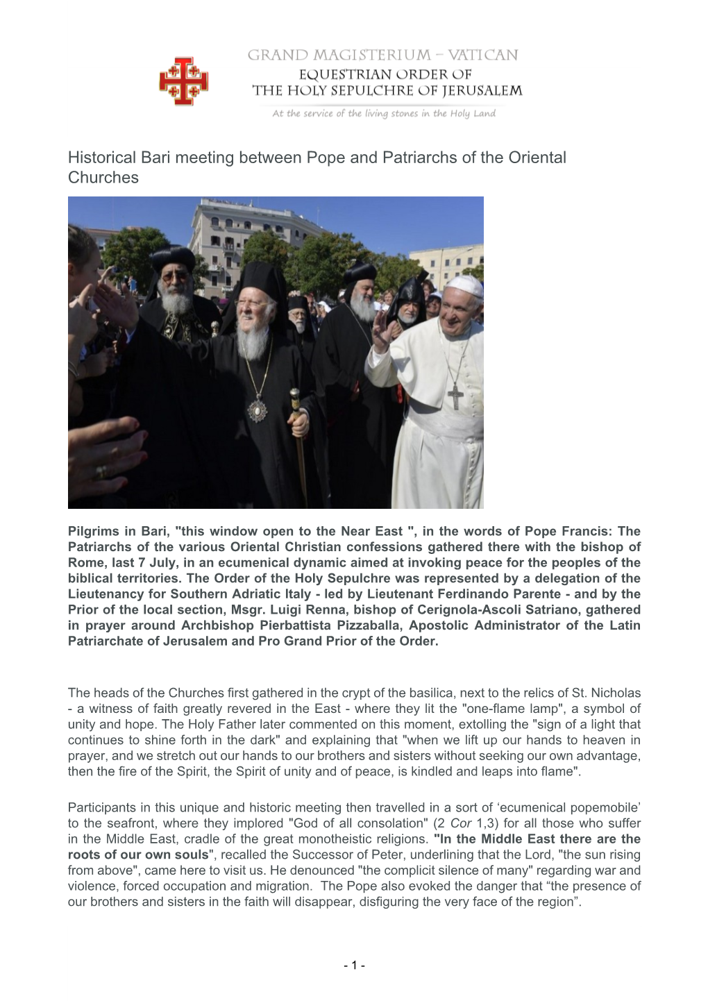 Historical Bari Meeting Between Pope and Patriarchs of the Oriental Churches