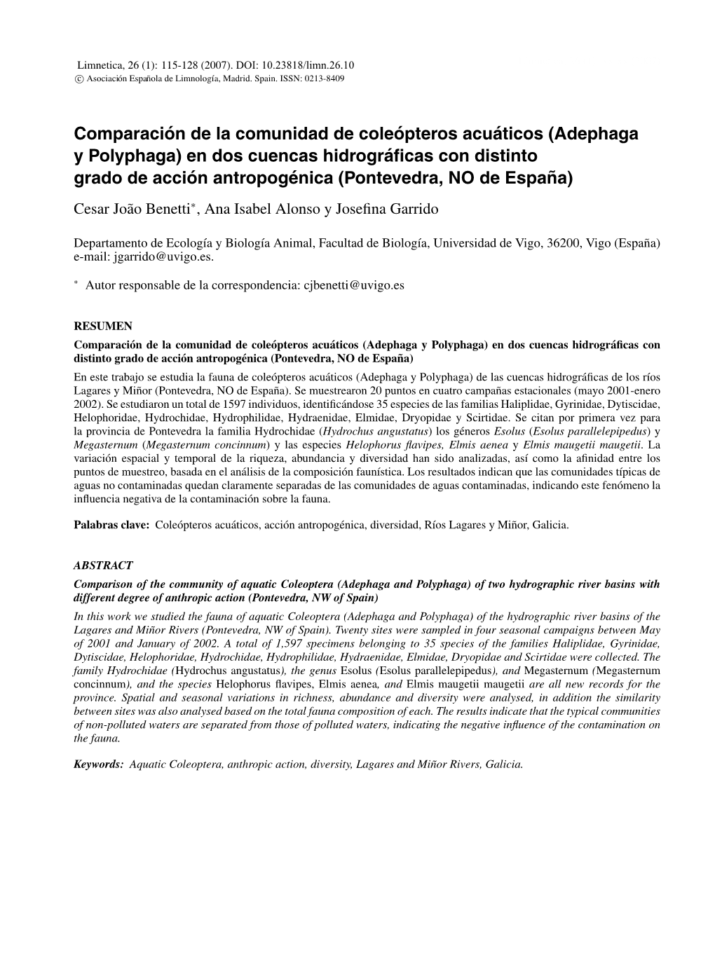 Coleopteros Acuaticos En Dos Cuencas Hidrograficas De Pontevedra