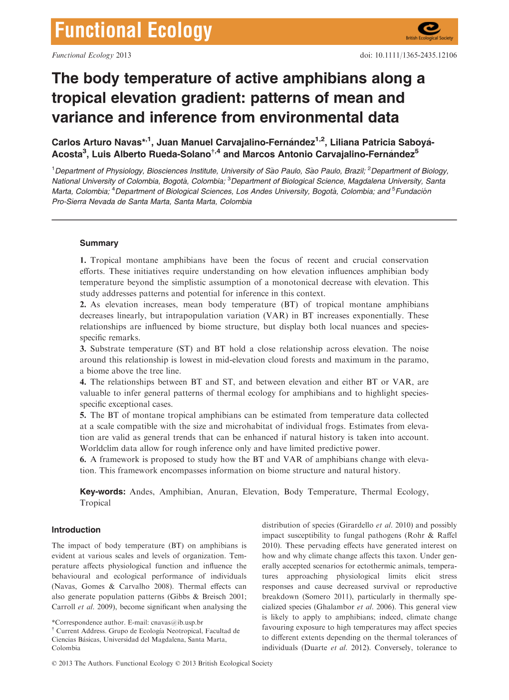 The Body Temperature of Active Amphibians Along a Tropical Elevation Gradient: Patterns of Mean and Variance and Inference from Environmental Data