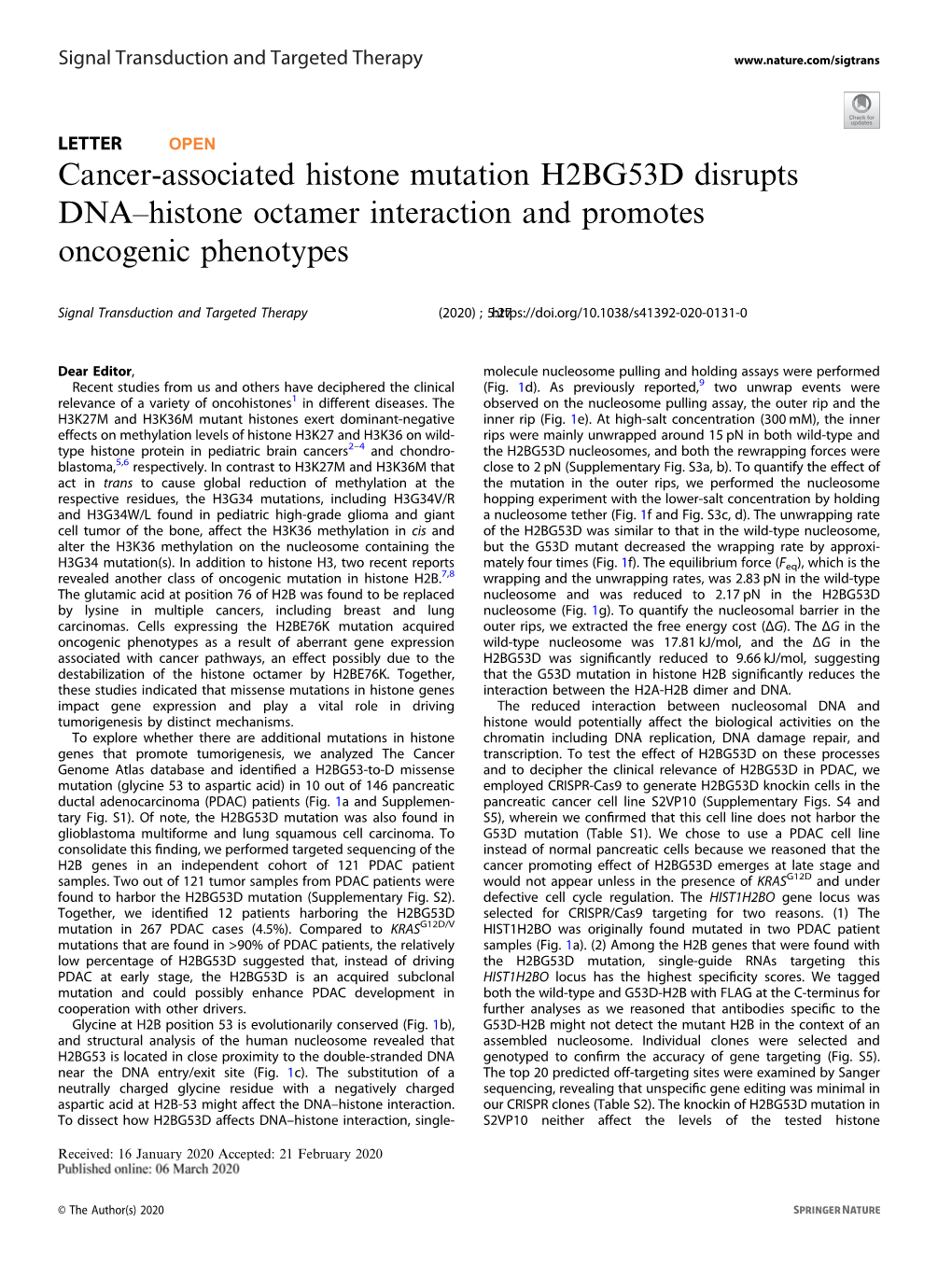 Cancer-Associated Histone Mutation H2BG53D Disrupts DNA–Histone Octamer Interaction and Promotes Oncogenic Phenotypes