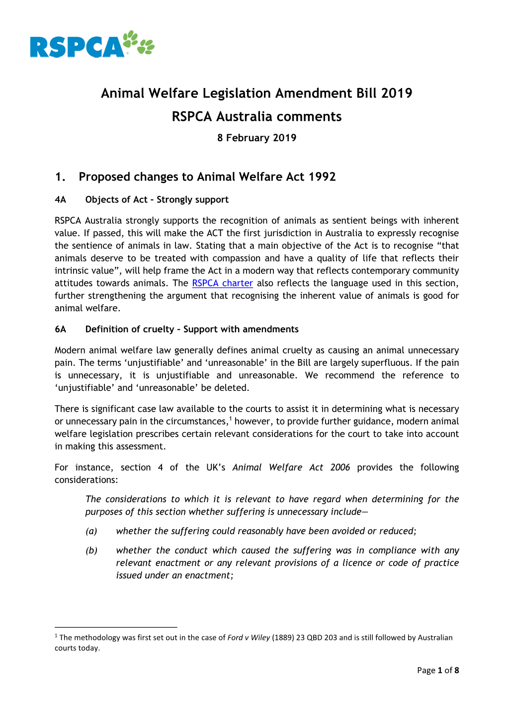 Animal Welfare Legislation Amendment Bill 2019 RSPCA Australia Comments 8 February 2019