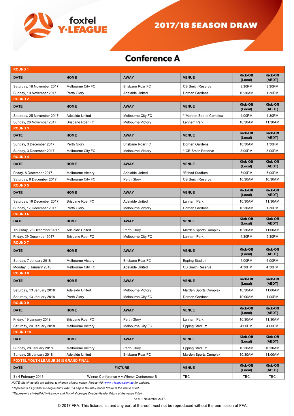 Foxtel Y-League 2017-18 Season Draw.Pdf