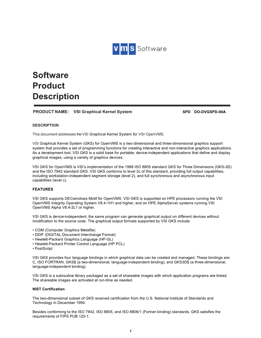 VSI GKS Software Product Description