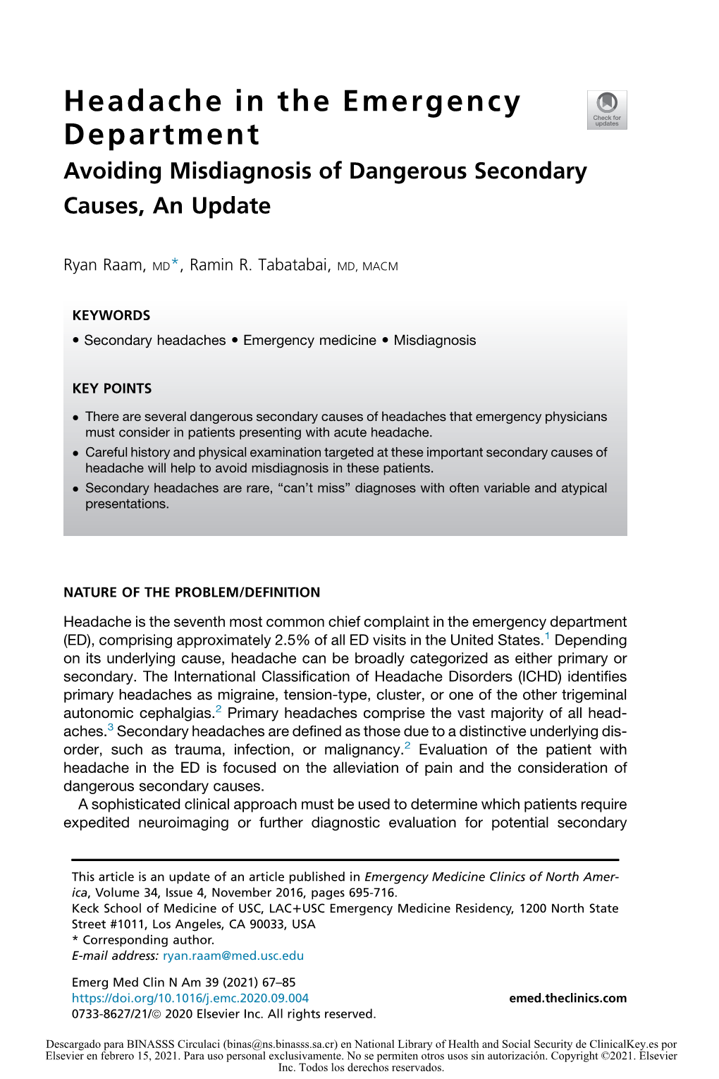 Headache in the Emergency Department Avoiding Misdiagnosis of Dangerous Secondary Causes, an Update