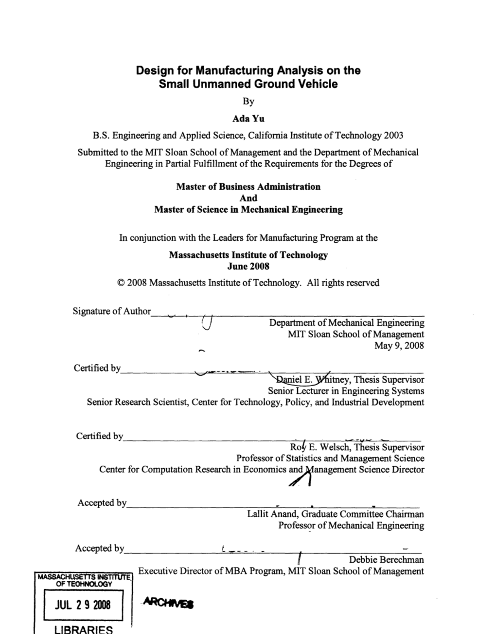 Design for Manufacturing Analysis on the Small Unmanned Ground Vehicle by Ada Yu B.S