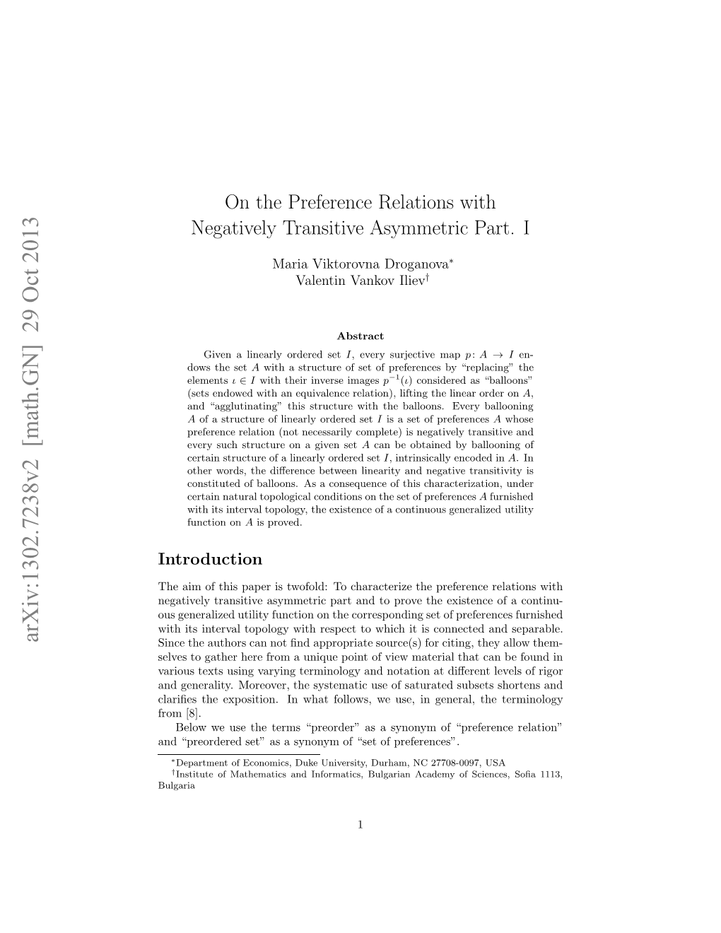 On the Preference Relations with Negatively Transitive Asymmetric Part. I