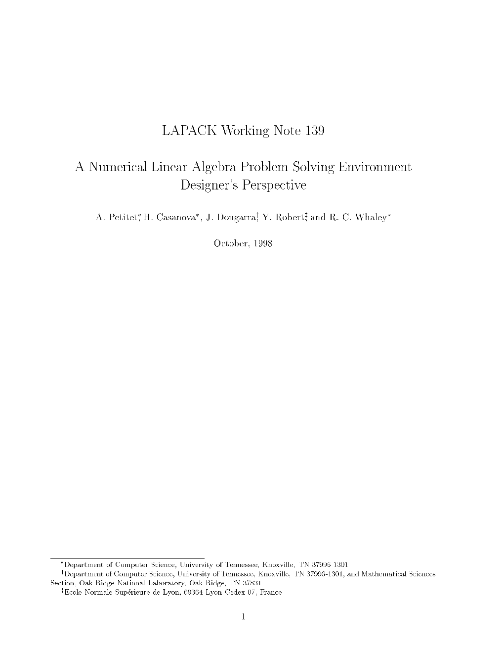 LAPACK Working Note 139 a Numerical Linear Algebra Problem