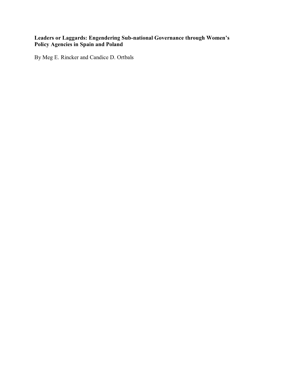 Leaders Or Laggards: Engendering Sub-National Governance Through Women’S Policy Agencies in Spain and Poland