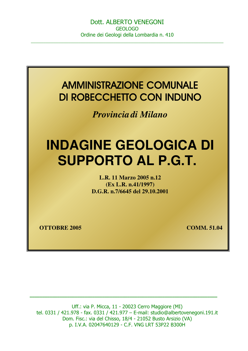 Indagine Geologica Di Supporto Al P.G.T