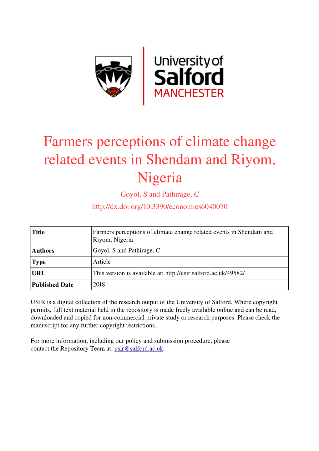 Farmers Perceptions of Climate Change Related Events in Shendam and Riyom, Nigeria Goyol, S and Pathirage, C