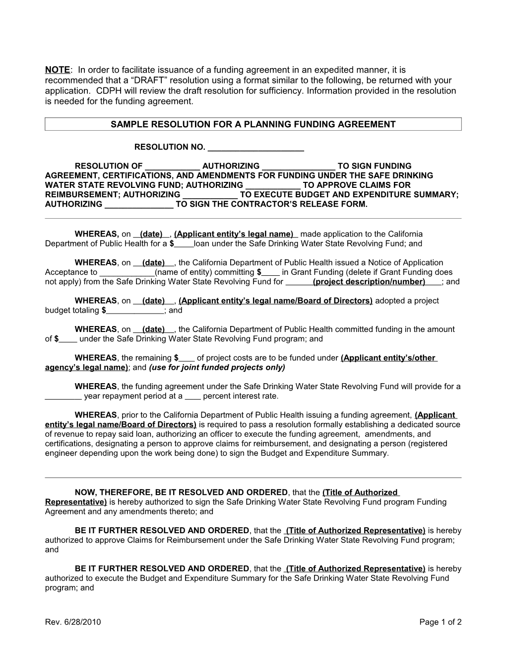 SRF Sample Resolution for Planning Funding Agreement