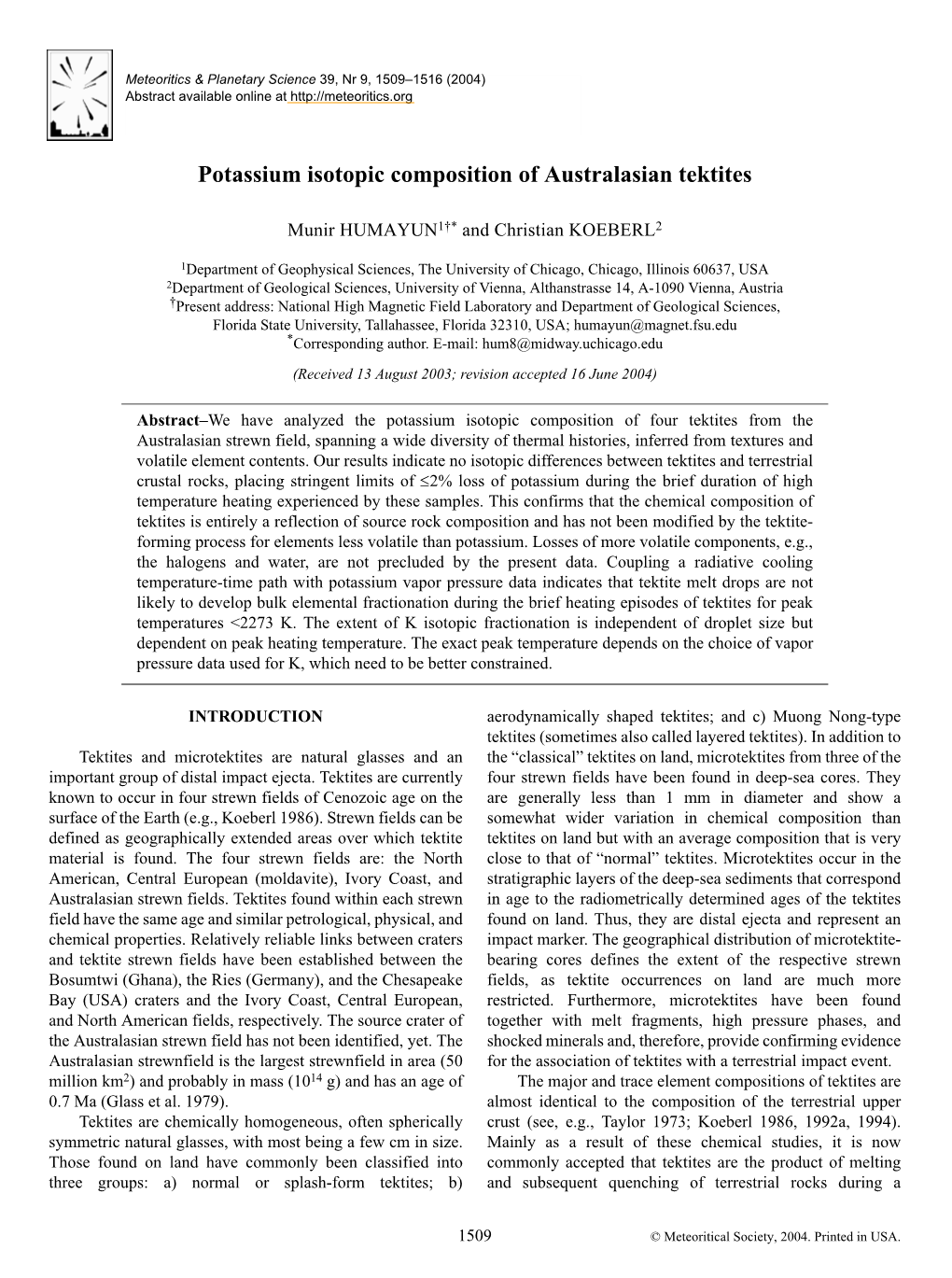 Potassium Isotopic Composition of Australasian Tektites