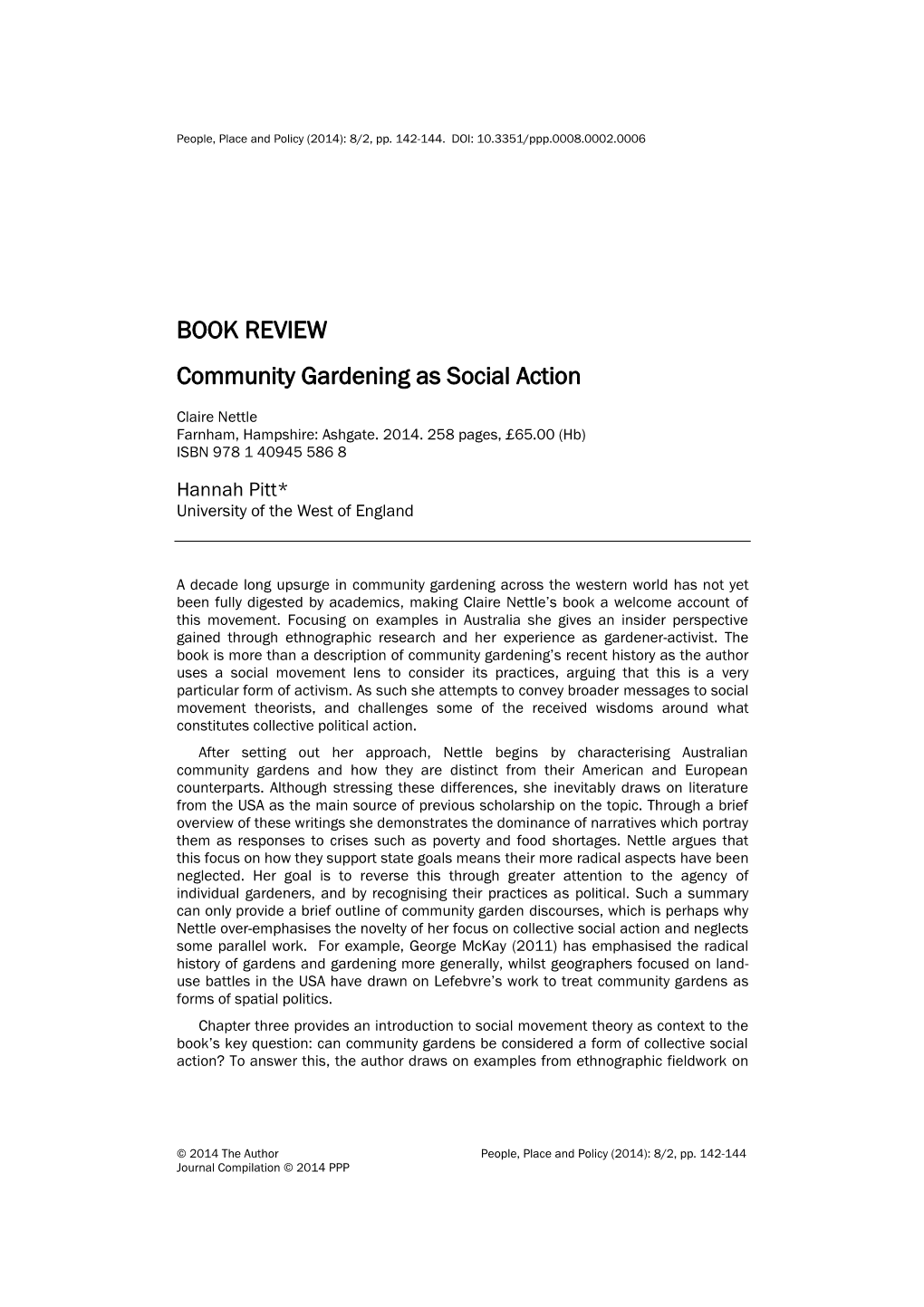 BOOK REVIEW Community Gardening As Social Action