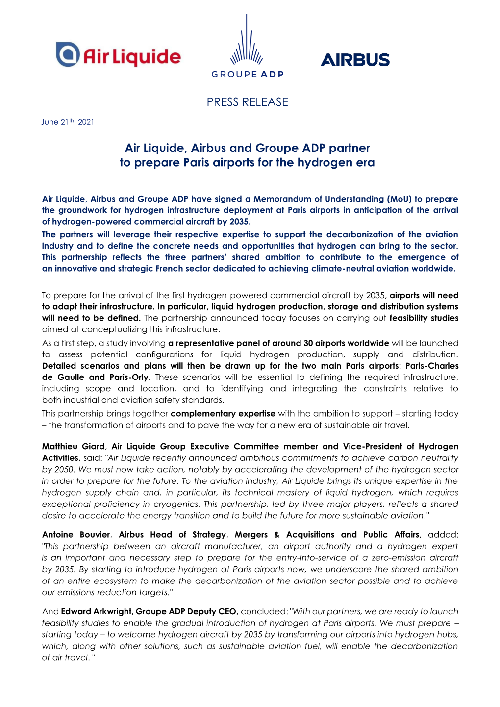 PRESS RELEASE Air Liquide, Airbus and Groupe ADP Partner to Prepare