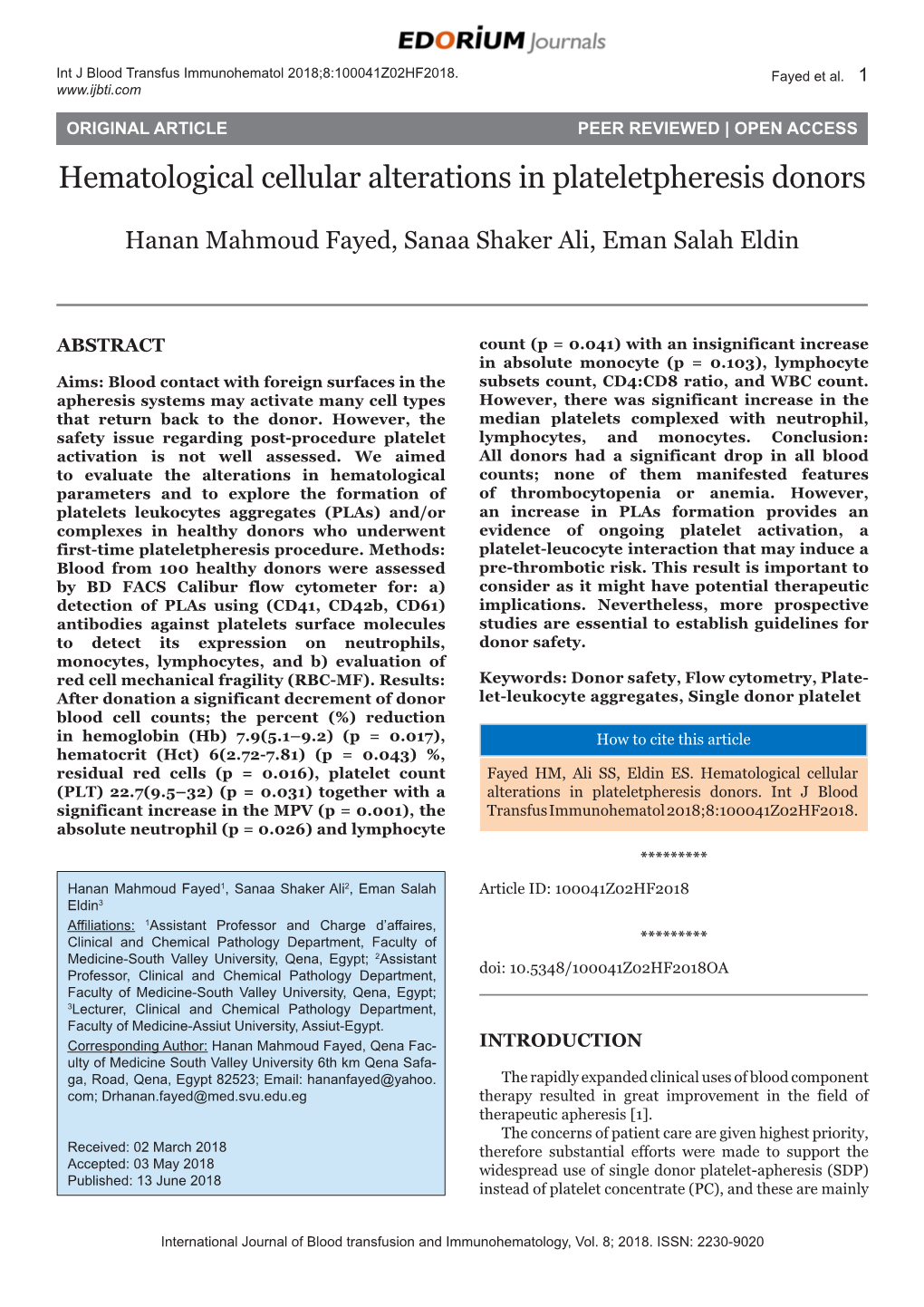 Hematological Cellular Alterations in Plateletpheresis Donors